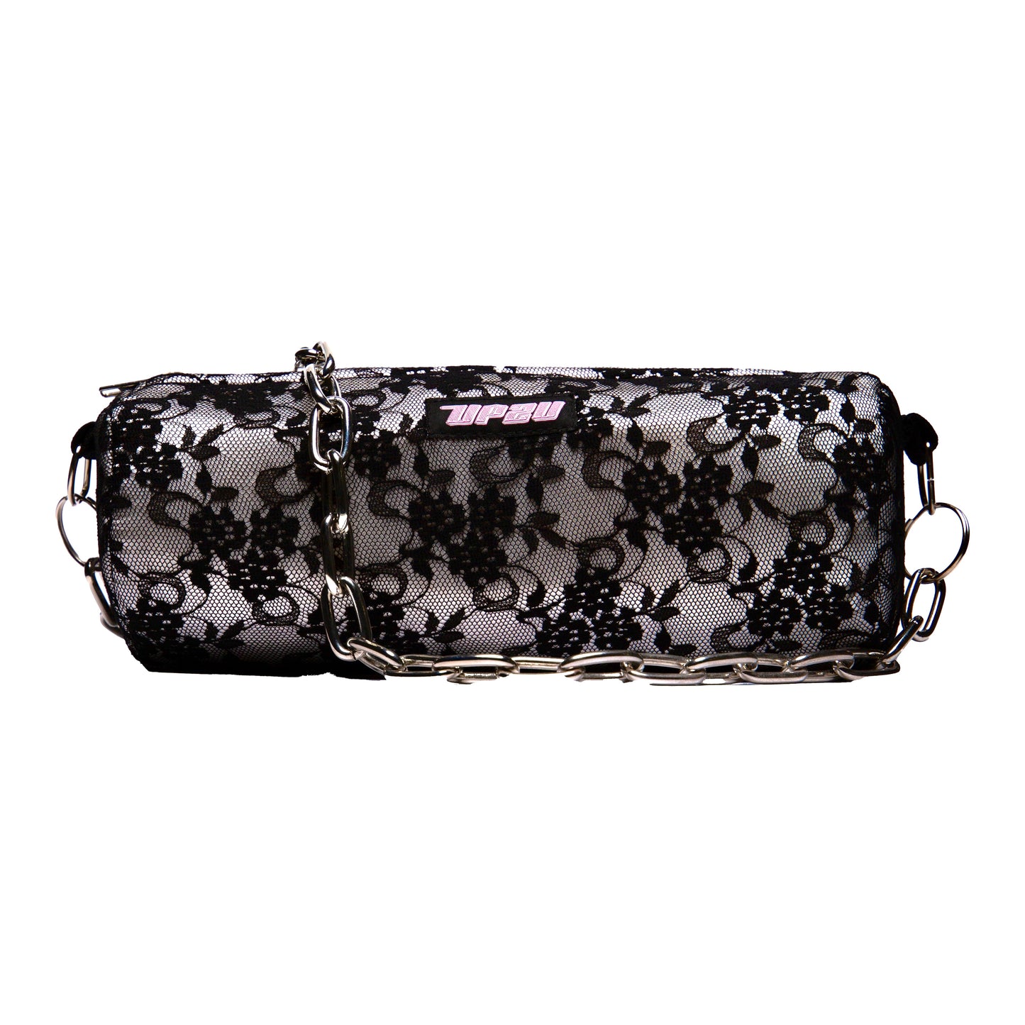 Bolso de hombro con diseño de encaje negro, creación hecha a mano de la marca UP2Bags de España.